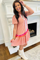 Orange Geometric Floral Print Color Block Trim Button Front Ruffle Hem Dress