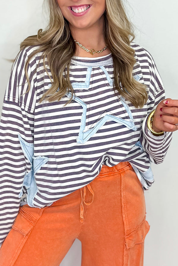 Gray Striped Star Patch Drop Shoulder Long Sleeve Top