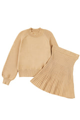 Black High Neck Puff Sleeve Sweater Pleated Mini Skirt 2pcs Knitted Outfit