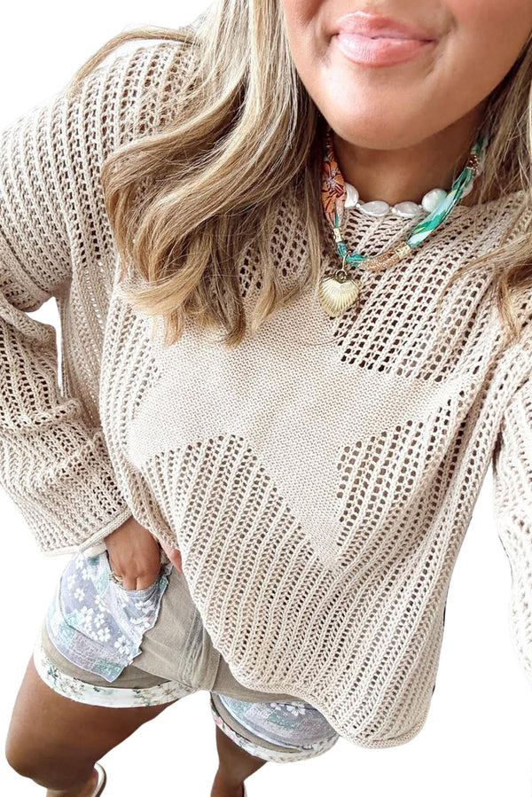 Parchment Hollow Out Knit Star Pattern Plus Size Sweater