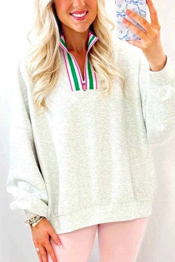 Light Grey Pop of Color Collared Patchwork Pullover Sweatshirt
