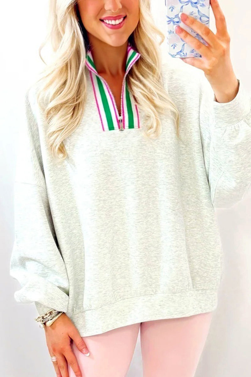 Light Grey Pop of Color Collared Patchwork Pullover Sweatshirt