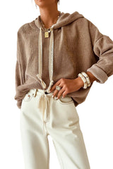 Rose Tan Thermal Textured Lace Drawstring Baggy Hoodie