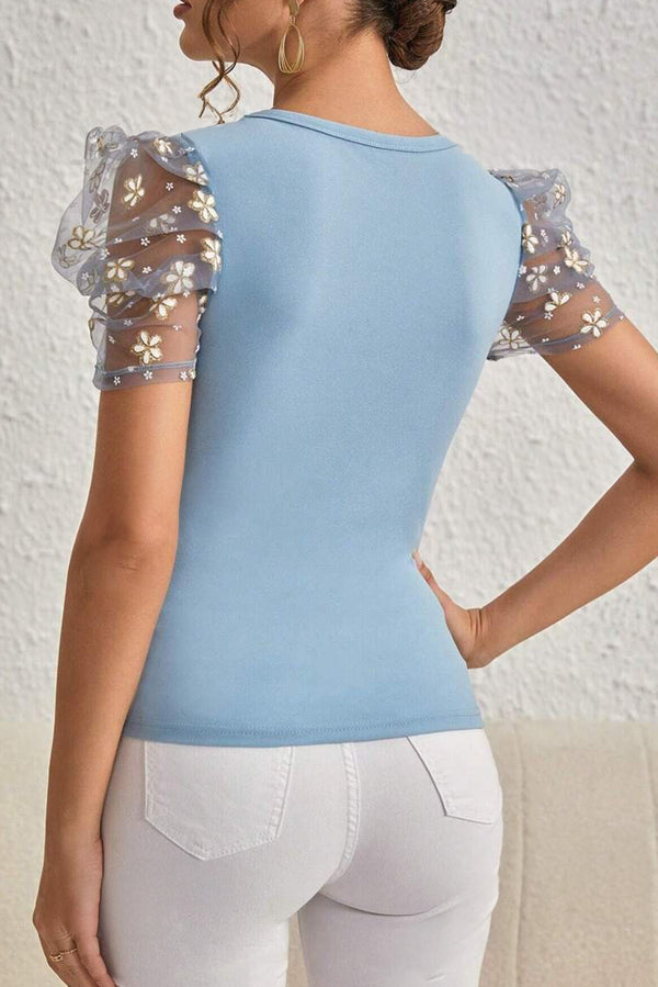 Beau Blue Flower Mesh Sleeve Slim Fit Blouse