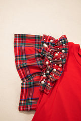 Racing Red  Bow Pattern Sequins Patch Pearled Plaid Ruffle Short Sleeve Patchwork Xmas T Shirt