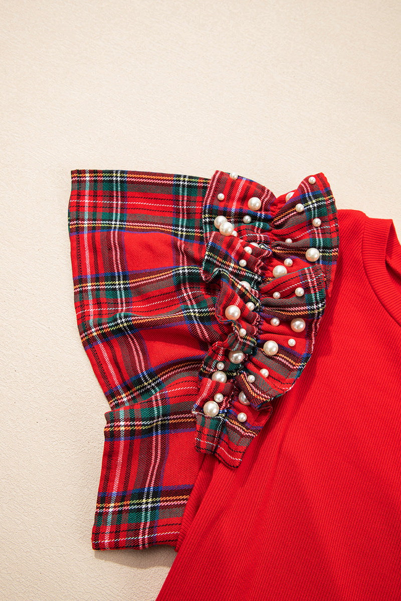 Racing Red  Bow Pattern Sequins Patch Pearled Plaid Ruffle Short Sleeve Patchwork Xmas T Shirt