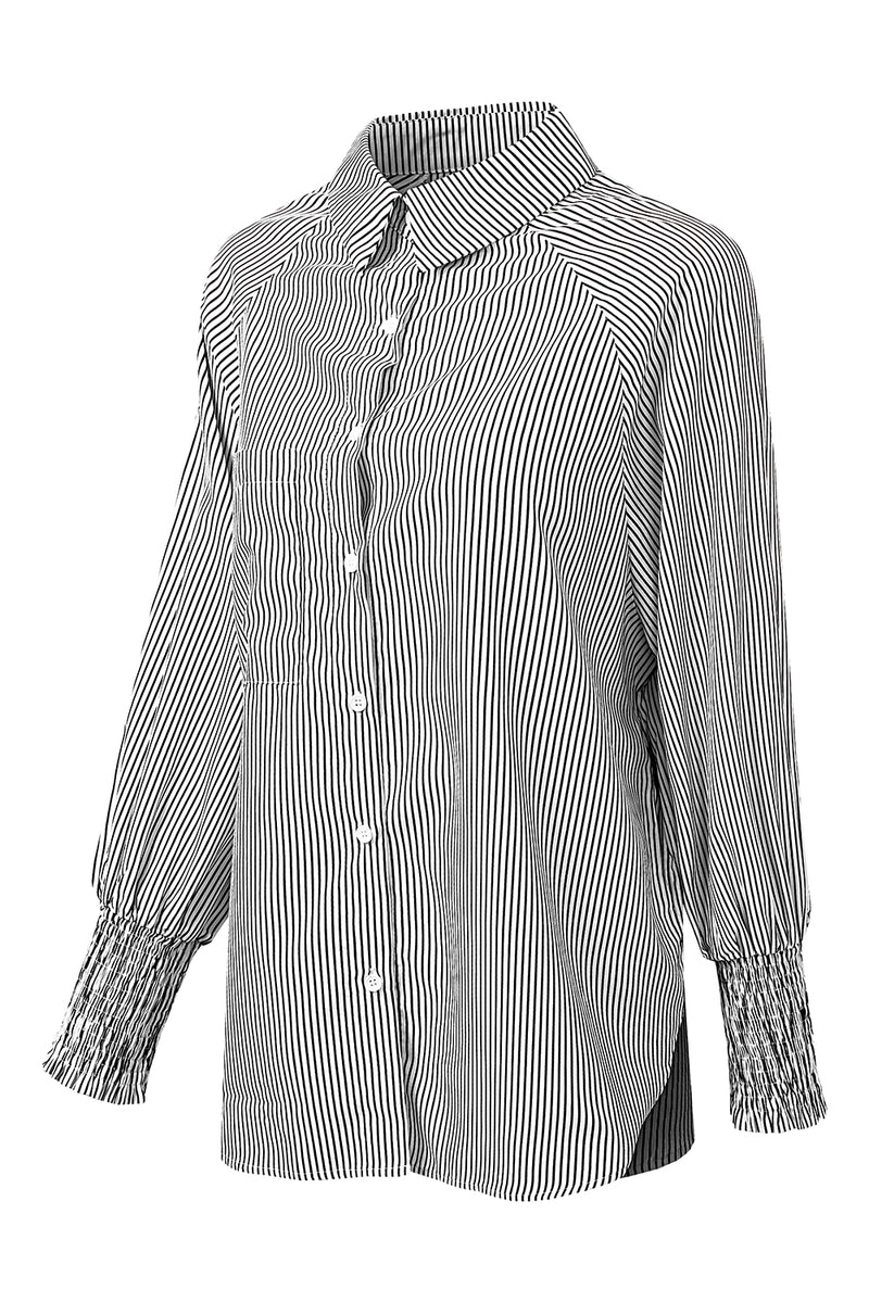 Black Striped Casual Shirred Cuffs Shirt