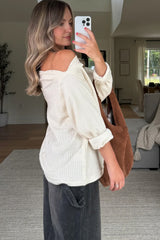 Old Rose Solid Color Waffle Knit Asymmetric Neck Long Sleeve Top