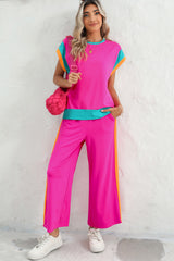 Racing Red Color Block Detail Casual Two-piece Set