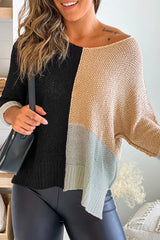 Chestnut Color Block Knit V Neck Loose Sweater