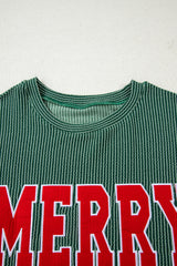 Blackish Green Twisted Rib Merry Letter Graphic Loose Long Sleeve Top
