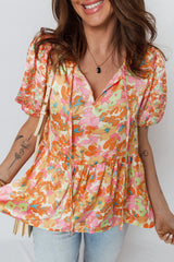 Orange Split V Neck Short Sleeve Flower Blouse