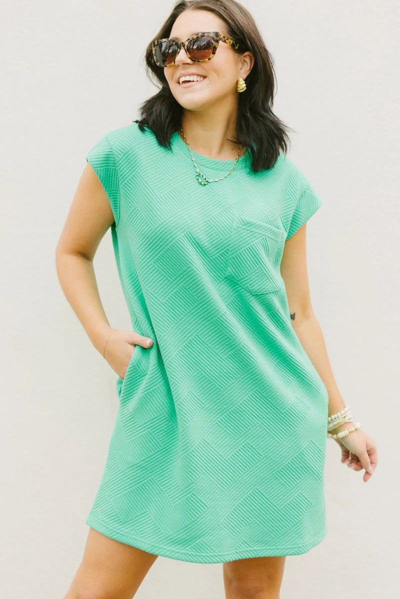 Black Plain Textured Pocketed Cap Sleeve Mini Dress