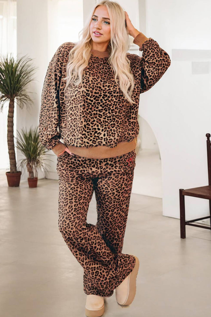 Khaki Allover Leopard Pullover and Pants Outfit