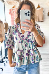 Purple Floral Ricrac Trim Puff Sleeve Peplum Blouse