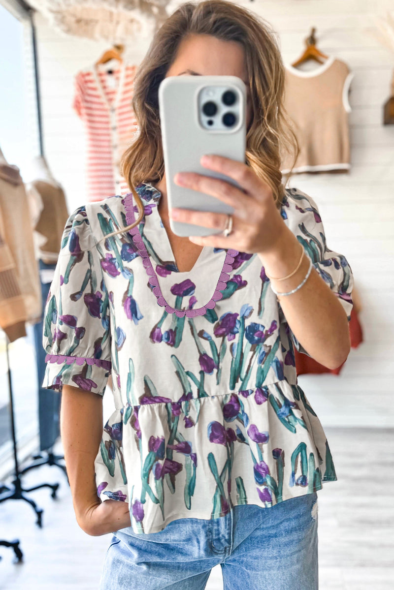 Purple Floral Ricrac Trim Puff Sleeve Peplum Blouse