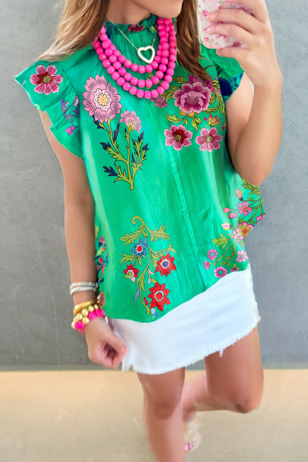 Green Floral Print Flutter Sleeve Frill Neck Blouse