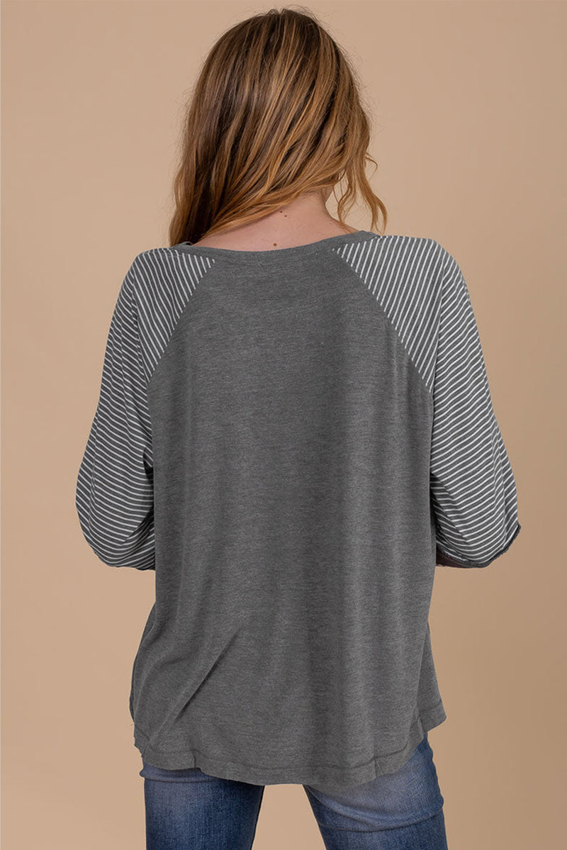 Tillandsia Purple Contrast Print Striped Raglan Long Sleeve Loose Top