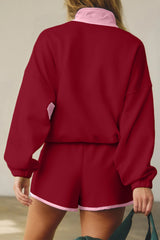 Black Colorblock Patchwork Half Button Pullover and Shorts Outfit