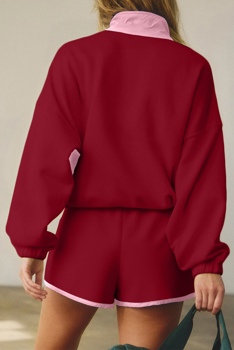 Black Colorblock Patchwork Half Button Pullover and Shorts Outfit