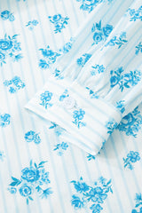 Sky Blue Floral Striped Print Patched Pocket Shirt and Shorts Set