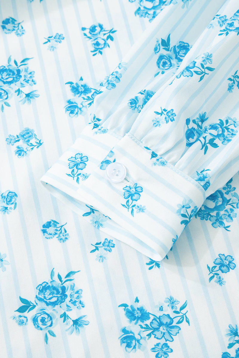 Sky Blue Floral Striped Print Patched Pocket Shirt and Shorts Set