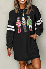 Black Christmas Nutcracker Sequins Patch Varsity Striped Sleeve Sweatshirt Dress