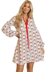 White Christmas Print Patchwork Long Sleeve Pajama Dress