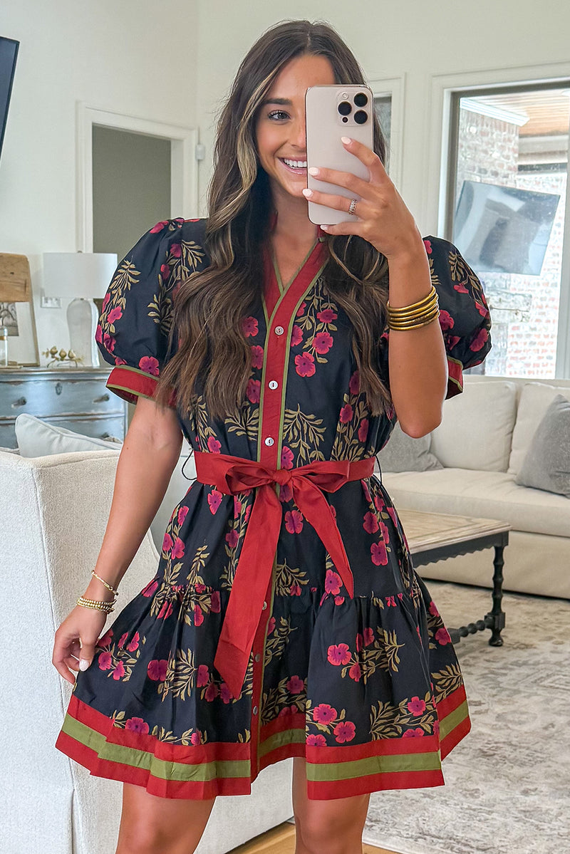 Black Retro Floral Print Button Down Belted Short Puff Sleeve Mini Dress