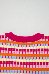 Rose Red Abstract Striped Knit Short Sleeve Sweater