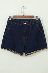Navy Blue Embroidered Scalloped Trim Relaxed Denim Shorts