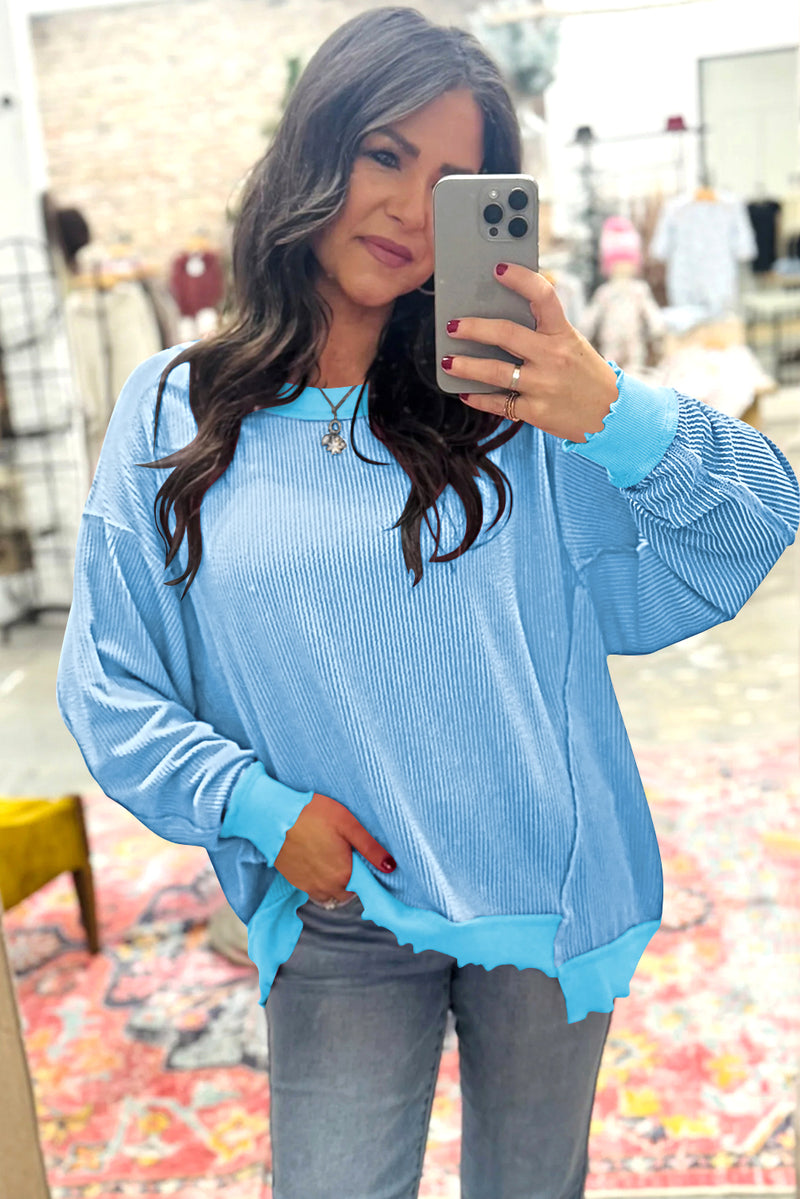Myosotis Twisted Ribbed Seamed Patchwork Long Sleeve Top