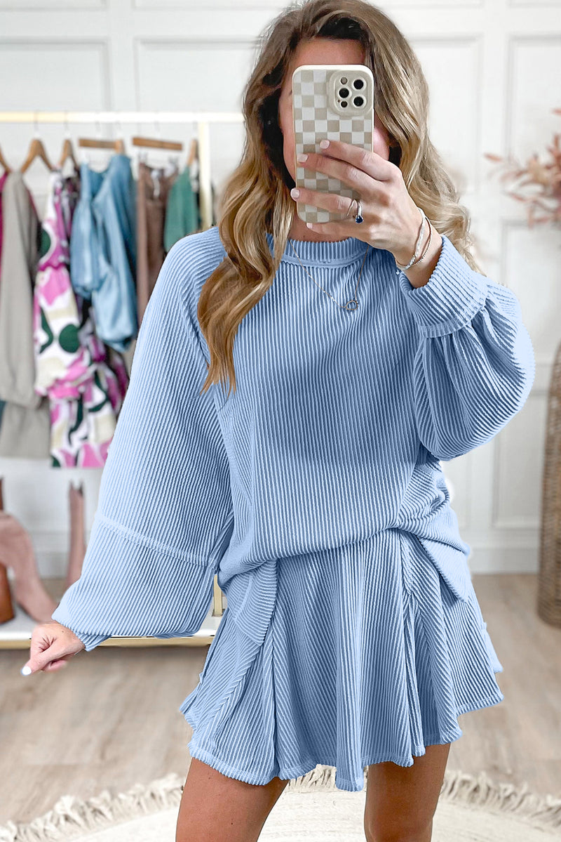 Mist Green Corded Bishop Sleeve Pullover and Ruffle Mini Skirt Set