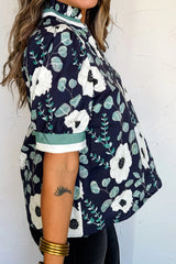 Blue Floral Print Striped Patchwork V Neck Short Sleeve Blouse