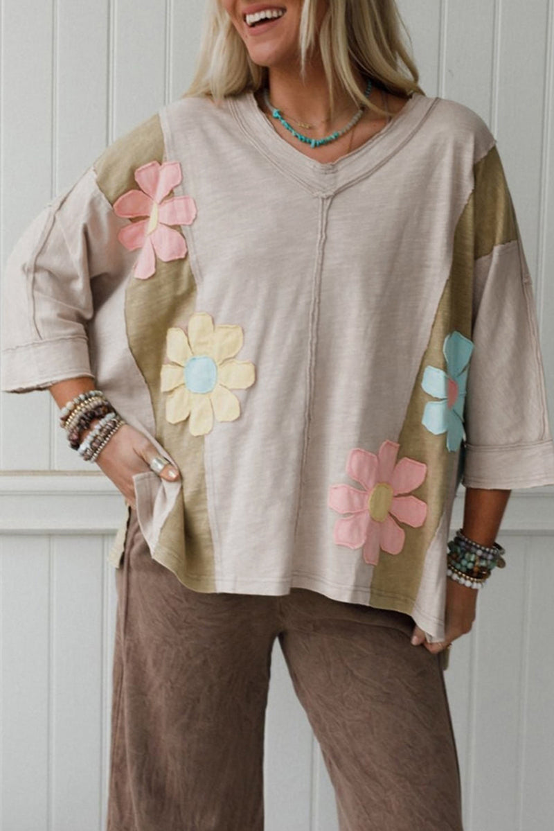 Pink Flower Patched Exposed Seam 3/4 Sleeve top