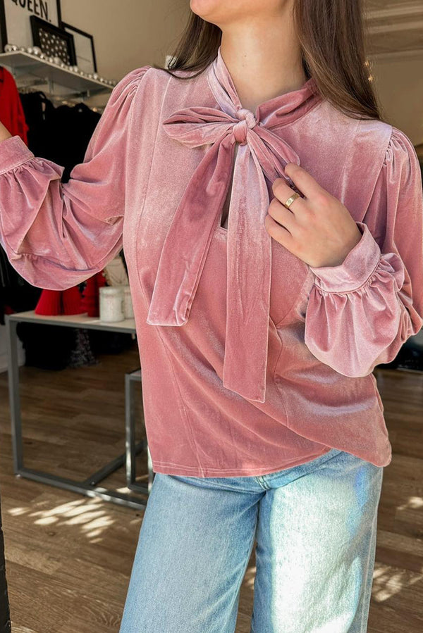Fushia Velvet Long Sleeve Stand Neck Knot Blouse