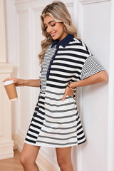 Black Striped Patchwork Collared Mini Dress