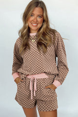 Brown Checkerboard Contrast Trim Long Sleeve Pullover and Shorts Set