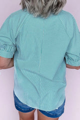 Mint Green Striped V Neck Collared Bubble Sleeve Blouse