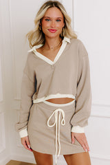 Parchment Raw Edge Detail Patchwork Cropped Pullover Drawstring Skirt Set