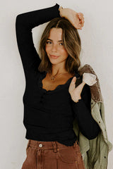 Beige Lace Neckline Button Decor Lettuce Edge Long Sleeve Ribbed Top