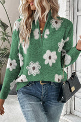 Khaki Vintage 60s Floral Pattern Half Zip Collar Drop Shoulder Sweater