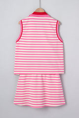 Dark Blue Textured Stripe Print Contrast Trim Zip Collar Sleeveless 2pcs Skort Set