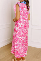 Pink Floral Print Color Block Patchwork V Neck Short Sleeve Midi Dress