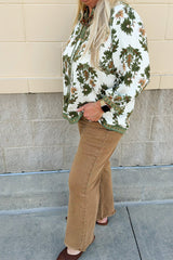 Green Plus Size Floral Printed Contrast Patchwork Detail Tassel Tie 3/4 Sleeve Blouse