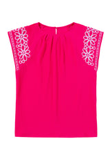 Strawberry Pink Floral Embroidered Flutter Sleeve Pleated Round Neck Plus Size Blouse