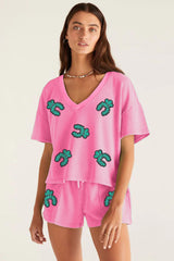 Bonbon Sequin Turquoise Pattern V Neck Tee and Drawstring Shorts Set