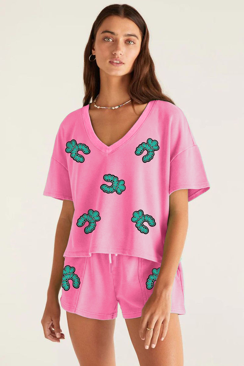 Bonbon Sequin Turquoise Pattern V Neck Tee and Drawstring Shorts Set