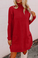 Fiery Red Ribbed High Neck Front Pockets Center Seam Sweater Dress