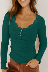 Beige Lace Neckline Button Decor Lettuce Edge Long Sleeve Ribbed Top